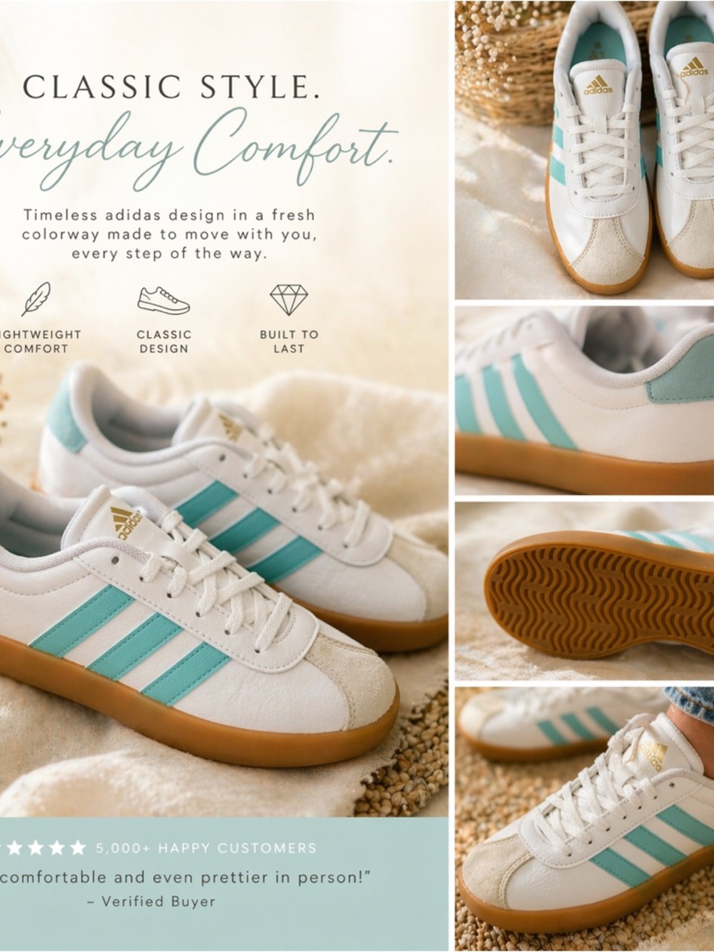 adidas Kids VL Court 3.0 Low Top Sneakers White with Teal Accents